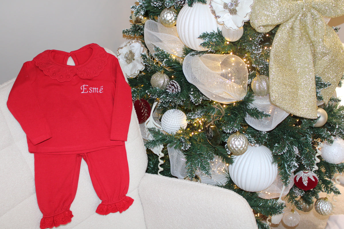 Long Sleeve Frilled Pyjama Set in Red